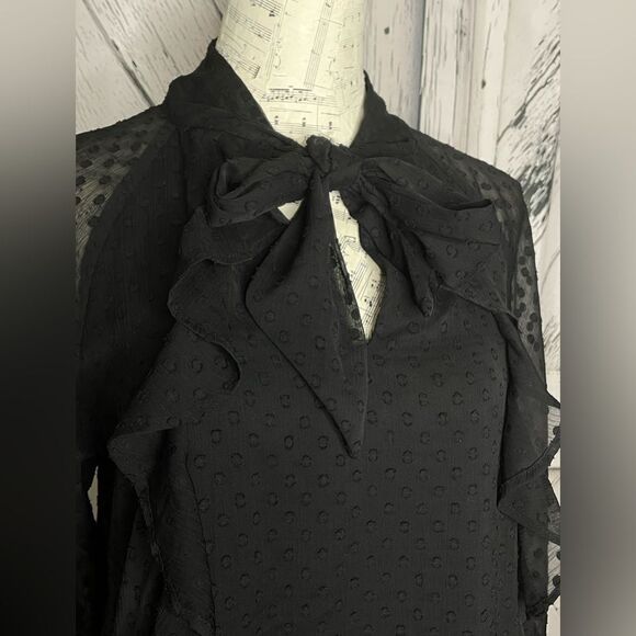 Bebe Black Dotted Swiss Dress Neck Tie Ruffles Large - Picture 2 of 10